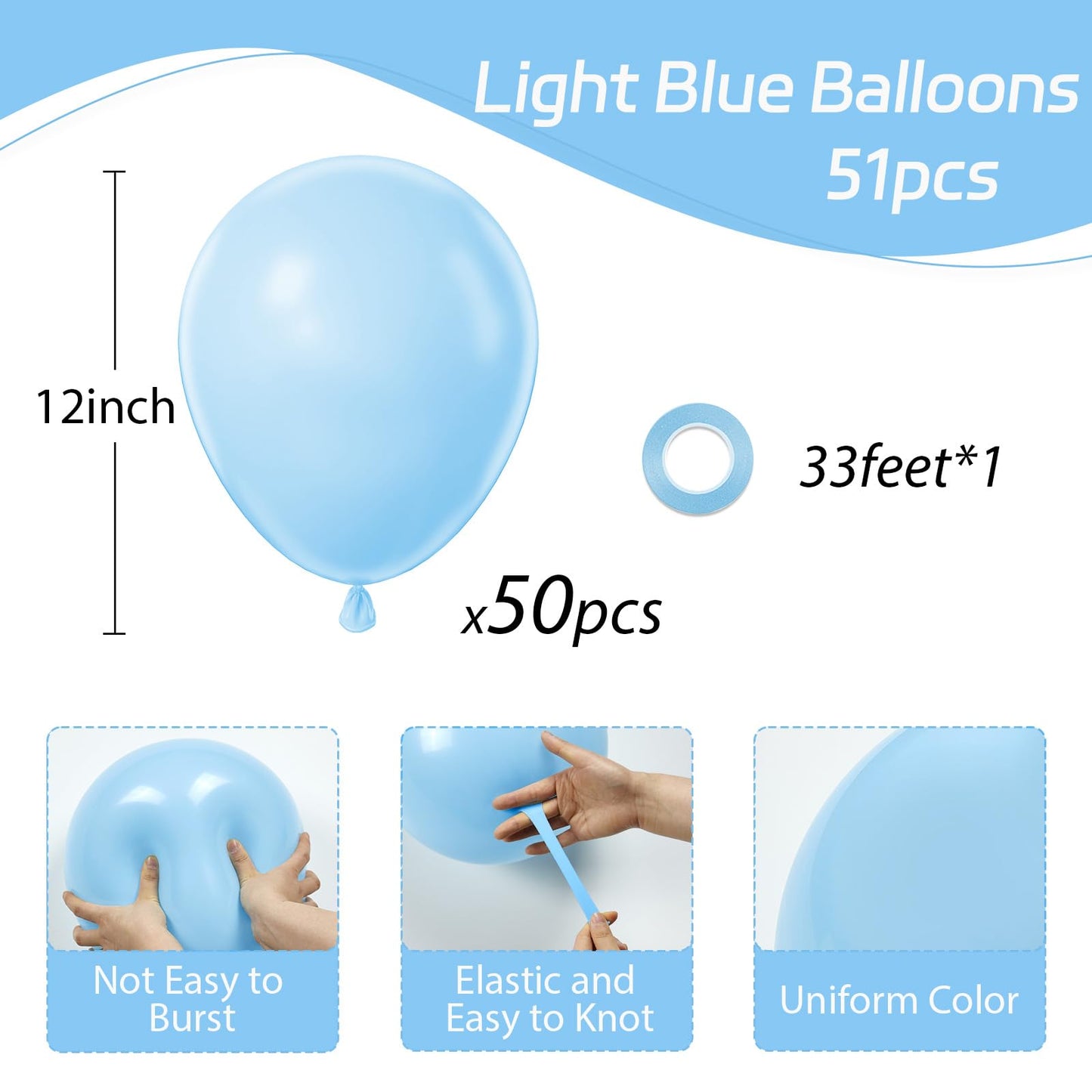 Awenztech Light Blue Balloons 12 inch, Pastel Blue Latex Balloon 50pcs Party Balloons for Graduation Baby Shower Gender Reveal Wedding Birthday Party Decorations