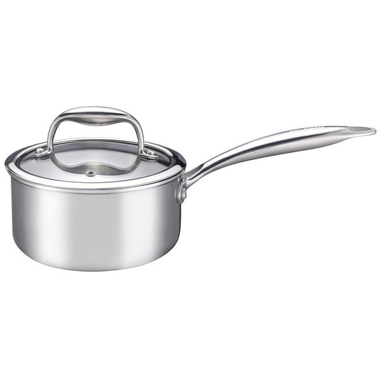 KC-Emier 1-Quart Saucepan with Lid, Tri-Ply Stainless Steel Pot with Stay-Cool Handle & All Cooktop Compatibility (Gas, Ceramic, Electric) - Silver