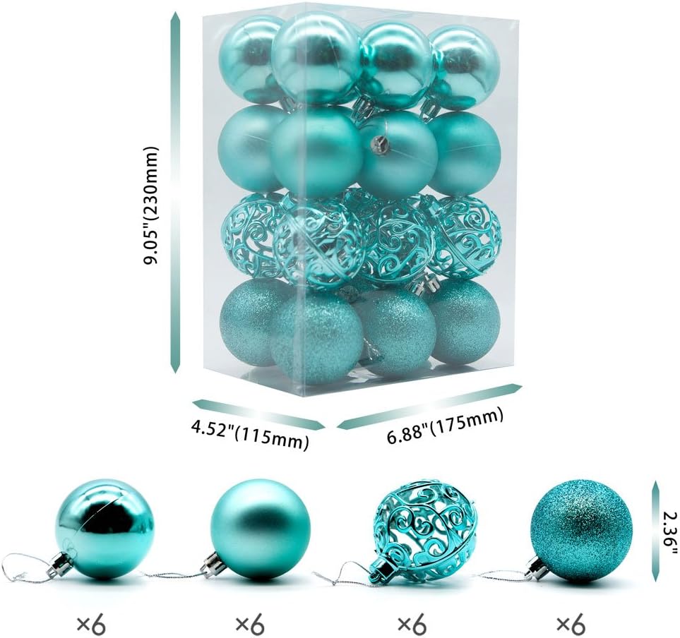Turquoise Shatterproof Christmas Tree Ornaments - 24ct 60mm Holiday Decorations