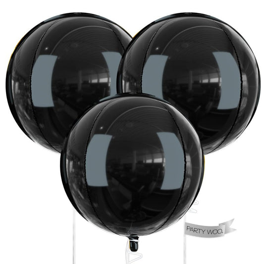 PartyWoo Black Foil Balloons 3pcs 50 Inch Large Round Foil Big Giant 4D Jumbo Inflatable Mirror Ball Mylar Balloons for Halloween Graduation Birthday Retirement Anniversary Party Decorations