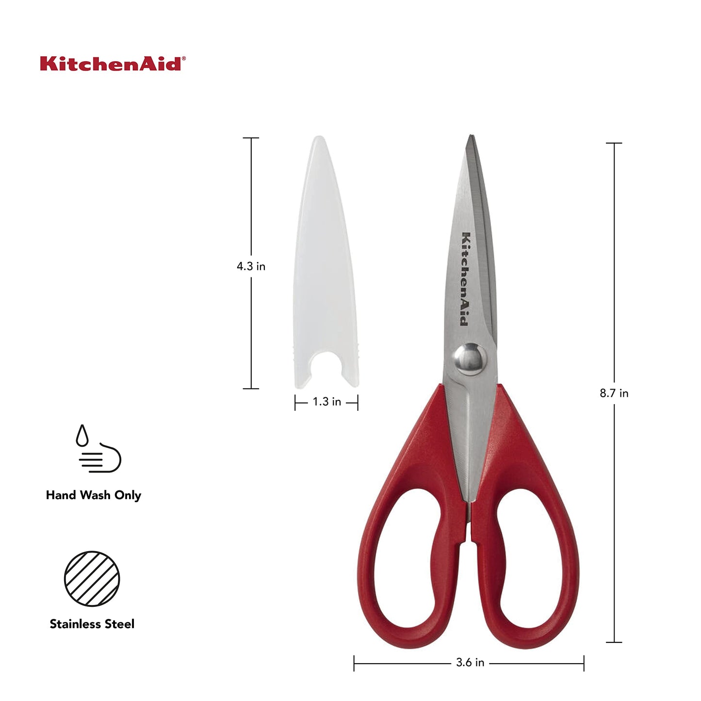KitchenAid All Purpose Kitchen Shears with Protective Sheath Durable Stainless Steel Scissors, Dishwasher Safe, Soft Grip Comfort Handle, 8.72 Inch, Red