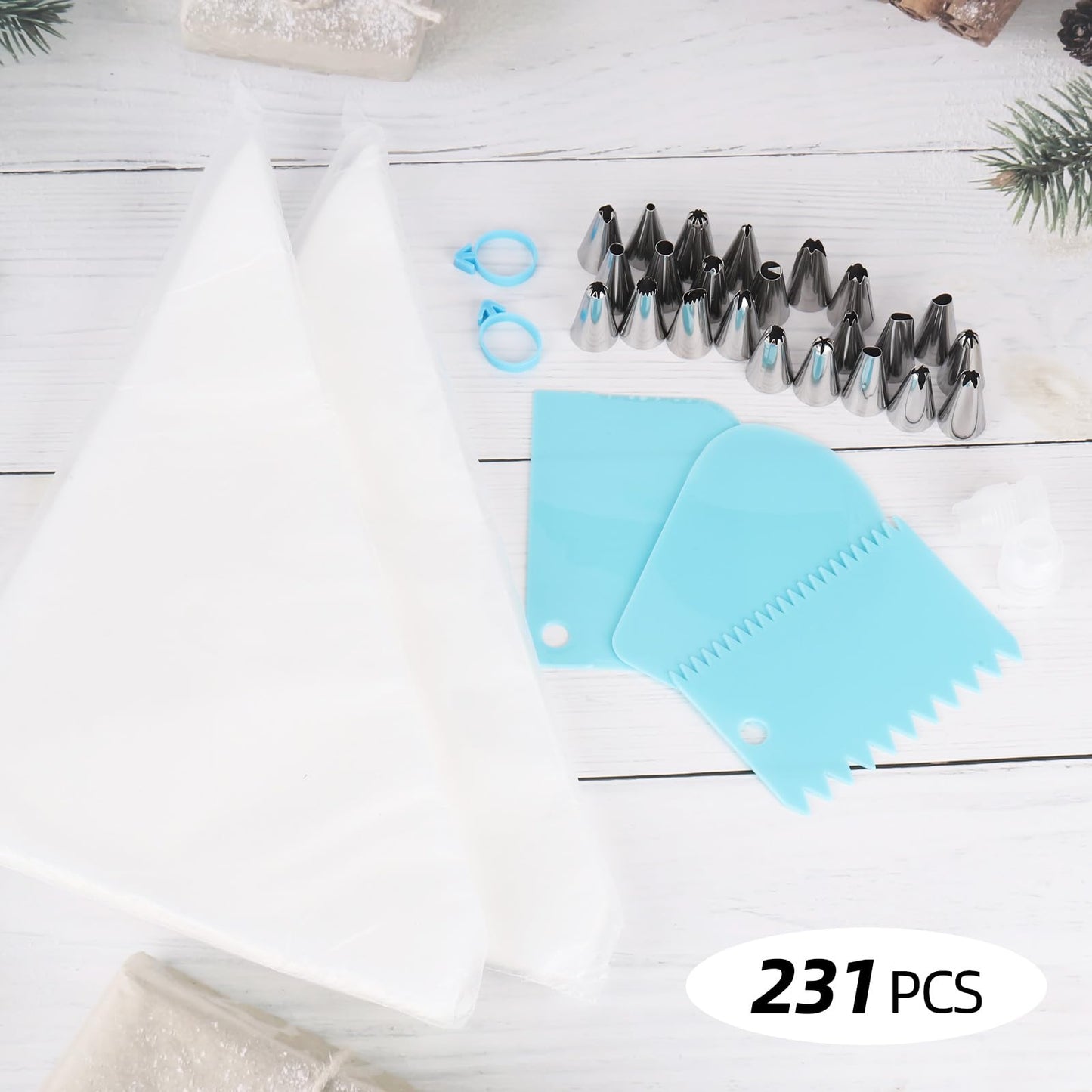200 Pcs Piping Bags and 24 Tips Set, 12 Inch Disposable Piping Bags Pastry Bag, 231 Pcs Frosting Piping Kit with Tips, Scrapers, Couplers for Decorating Cakes, Cookies‌