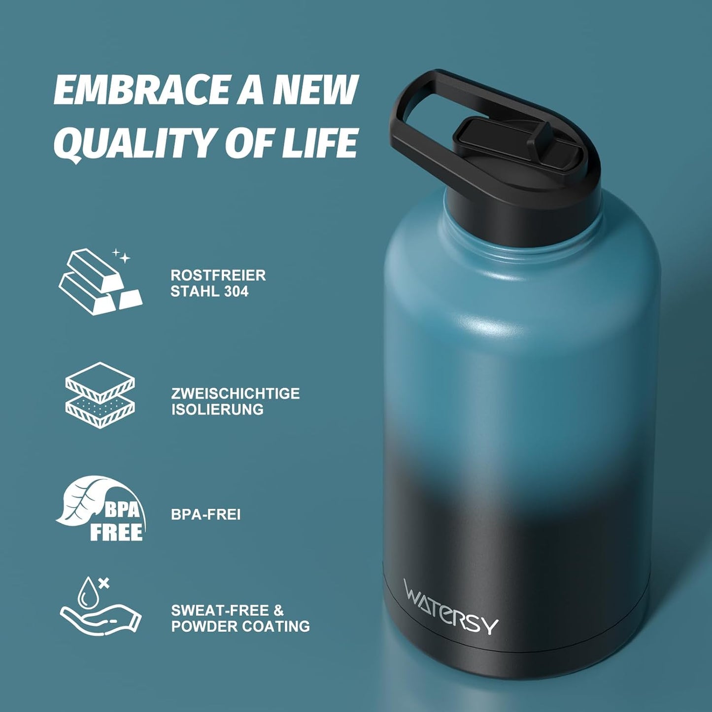 Skiennix 64oz Insulated Water Bottle - Cold for 48 Hours, BPA Free, Leak Proof, Half Gallon Flask | Black/Blue