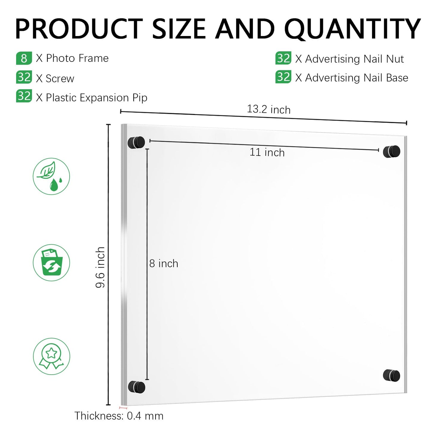 Yalikop 8 Pcs Acrylic Floating Picture Frame 8.5 x 11 Inches Wall Mount Frameless Photo Frames Double Panel Clear for Home Office Photo Display, Full Size 9.6 x 13.2 Inch (Black)