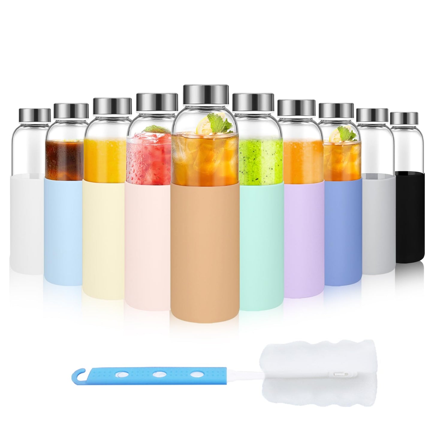 Luxfuel 32 oz Glass Juice Bottles with Lids and Silicone Sleeve, Reusable Refillable Water Bottles for Juicing, Refrigerator,100% Leak Proof, BPA Free, Clear Glass Set of 3