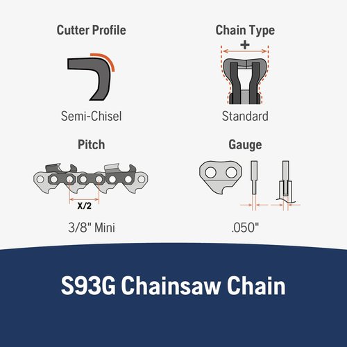 Husqvarna X-Cut S93G Chainsaw Chain - 16 Inch, 3/8" Mini Pitch, Low Kickback, Pre-Stretched, Gray