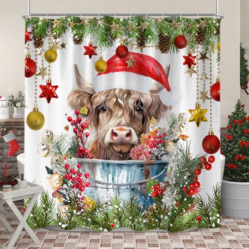 Sanzugh Christmas Highland Cow 4-Piece Bath Set with Rugs & Accessories (Green) – Shower Curtain, Bath Mat, U-Shaped Rug & Toilet Cover