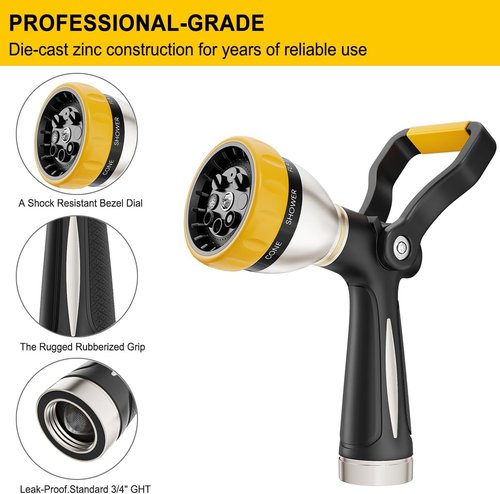 FANHAO Heavy Duty Fireman's Hose Nozzle - 8 Spray Patterns, High Pressure Metal Water Sprayer for Gardens & Cars