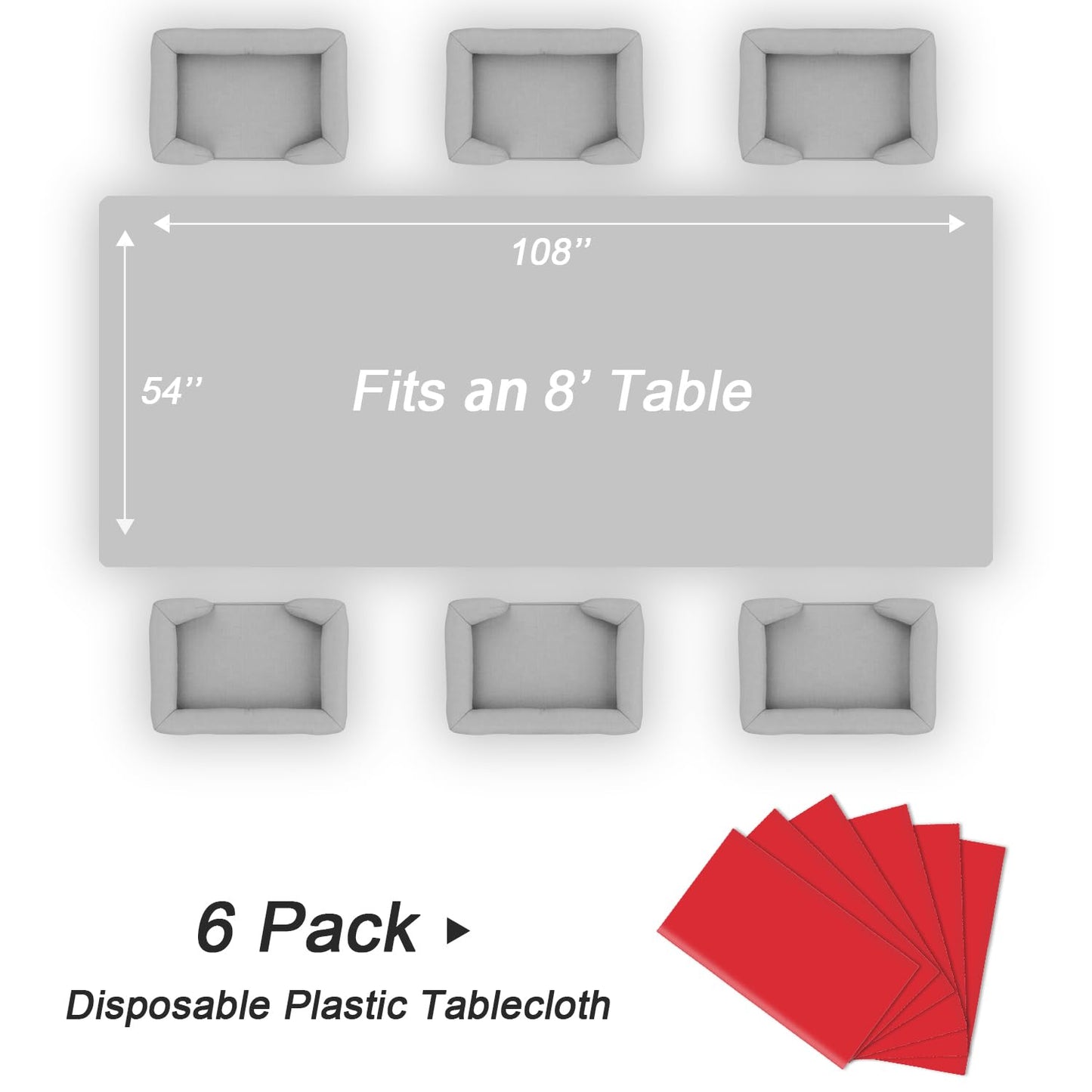 QIKSION Red Plastic Table Cloth Disposable 6 Pack, 54 x 108 Inch Tablecloths for Valentines, Mothers Day, Birthday Party, Christmas Decorations, Rectangle Table Cover