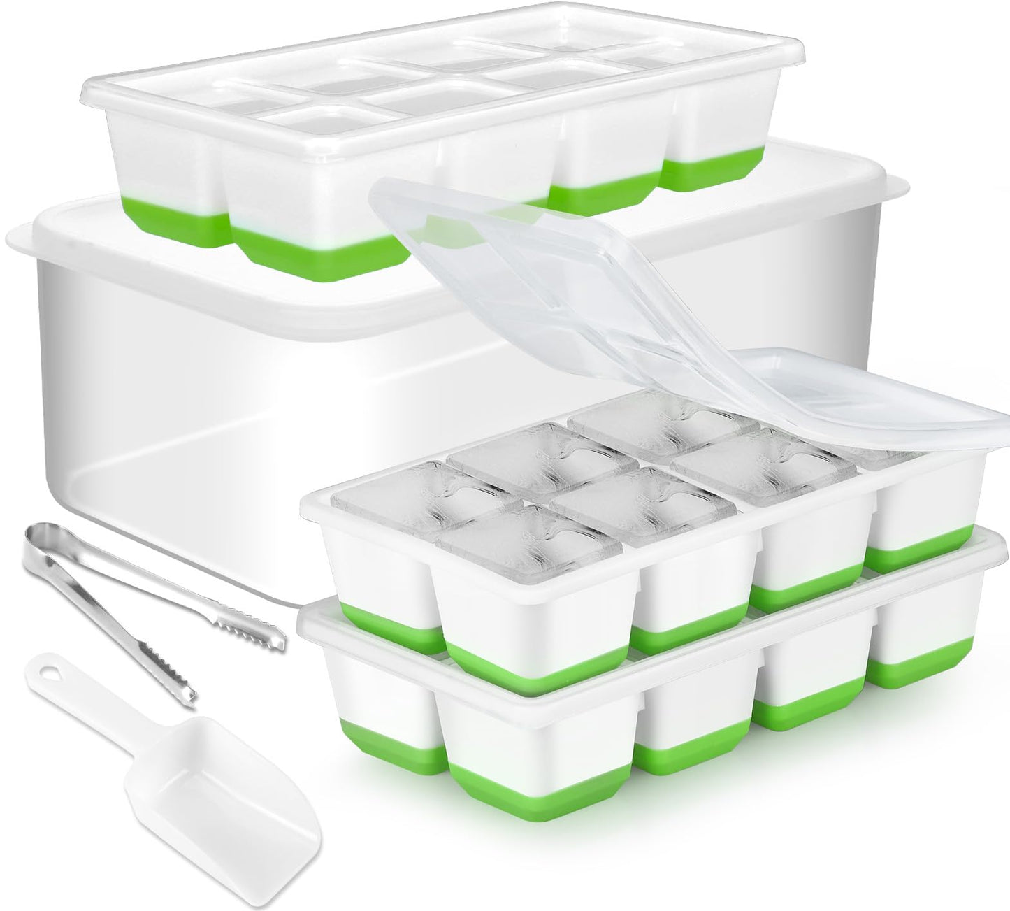 Large Ice Cube Tray with Lid and Bin, Jrisbo Silicone Big Square Ice Cube Molds for Freezer, 3 Pack Stackable Huge Cubed Ice Trays with Ice Tong, Ice Scoop for Whiskey Cocktails Soups Frozen Treats