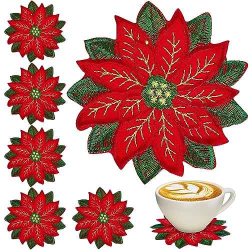 Whaline 10Pcs Christmas Embroidered Coaster Applique Poinsettia Double Layer Coaster Xmas Flower Cup Mat Pad for Christmas Winter Holiday Home Kitchen Office Table Decoration (4 x 4 Inch)