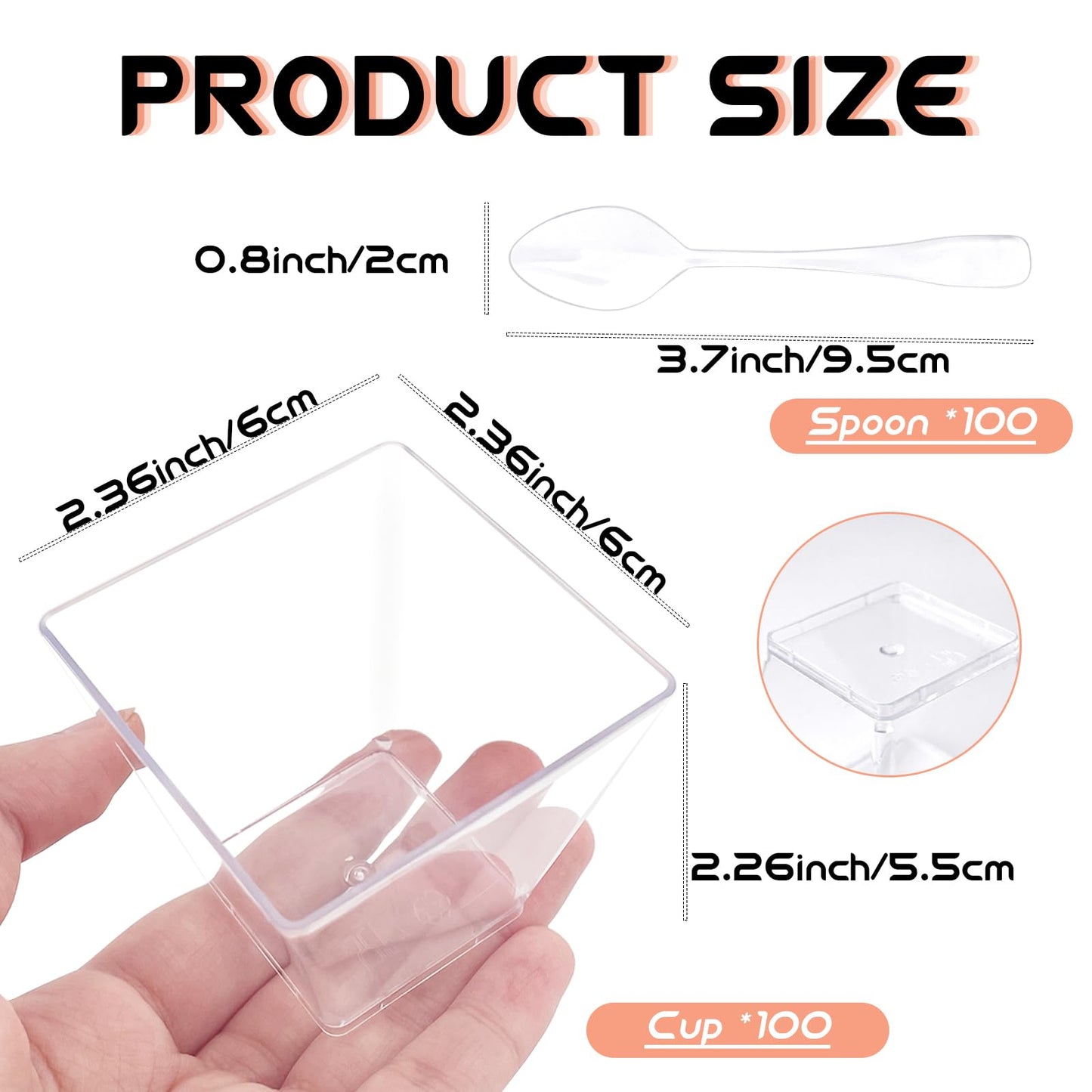Jnnzzggu 100Pcs 3.5 oz Mini Dessert Cup with Spoons,Square Plastic Dessert Cups,Clear Parfait Appetizer Cup for Ice Cream,Birthday,Parties,Jellies,Nuts,DIY,Wedding