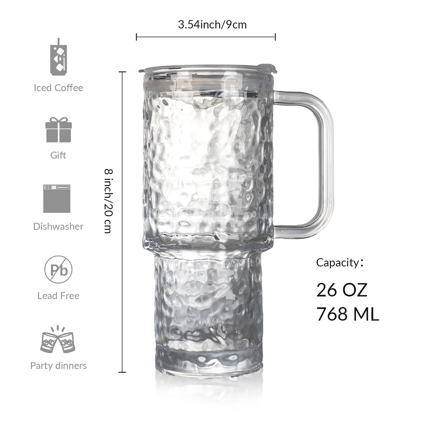 WeirdUncle Glass Tumbler with Handle, Lid and Straw, 26oz Thickened Iced coffee drinking glasses, Large capacity, Unbreakable, Ideal for Office, Travel, Every Day use and Gift (Clear Hammered)