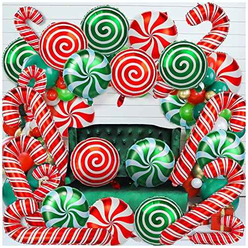 36Pcs Christmas Balloons Kit, Cane Candy Foil Balloons with Ribbons, Red Green Mylar Balloon for Party Decorations