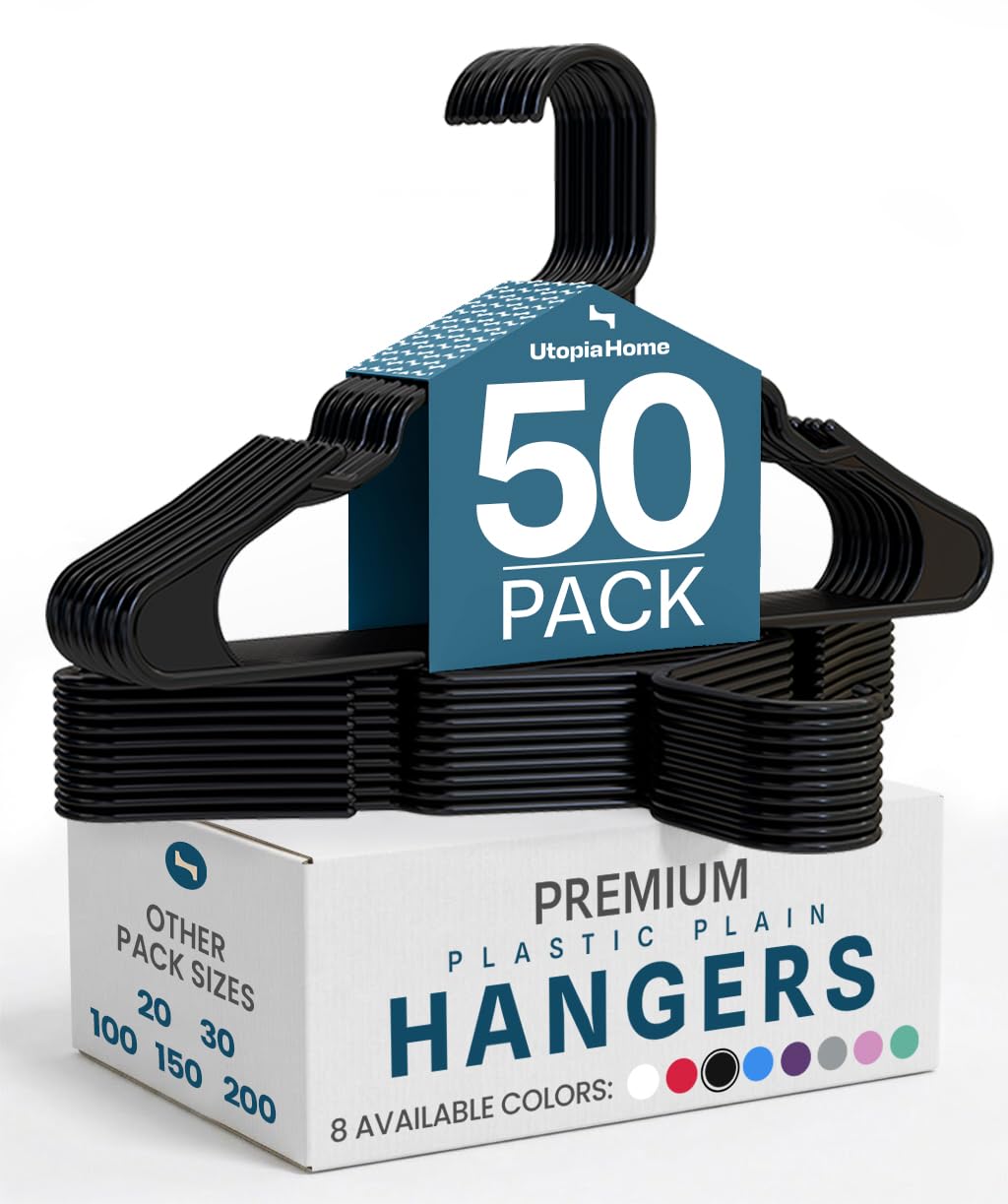 Utopia Home Plastic Hangers 50 Pack, Space-Saving Clothes Hangers with Non-Slip Shoulder Grooves for Strappy Clothes, Ideal for Home Closet Organization and Warddrobe Solutions (Black)