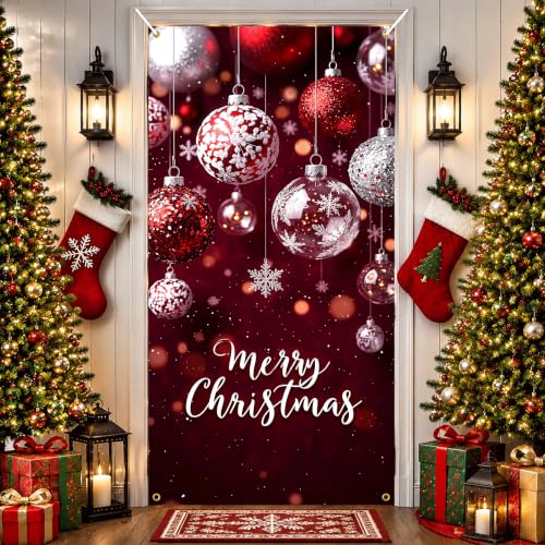 KKYEJLQYI Merry Christmas Door Banner 35x71 Burgundy Glitter Snowflake, Indoor Outdoor Xmas Decor - Merry Christmas-8
