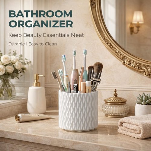 Imakmasion Makeup Brush Holder Organizer, 360° Rotating 5-Slot Make up Brushes Cup for Cosmetic, Lipstick, Hair Brush Holder - Spinning Vanity Countertop Caddy for Bathroom, Dorm & Office, White