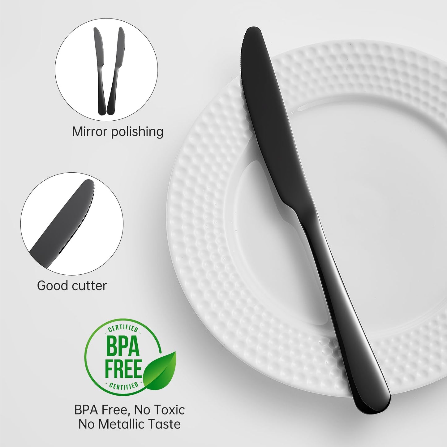 MNLWSP Butter knives 16pcs Food-Grade Stainless Steel black knife 9inch dinner knives seamless black silverware easy to clean Dishwasher Safe