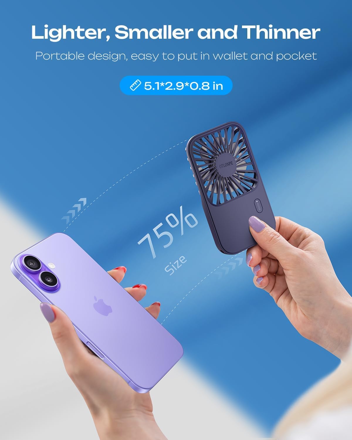 Otlonpe Rechargeable Mini Handheld Fan - Portable Battery-Powered Design | 3-Speed, Foldable Stand, Blue