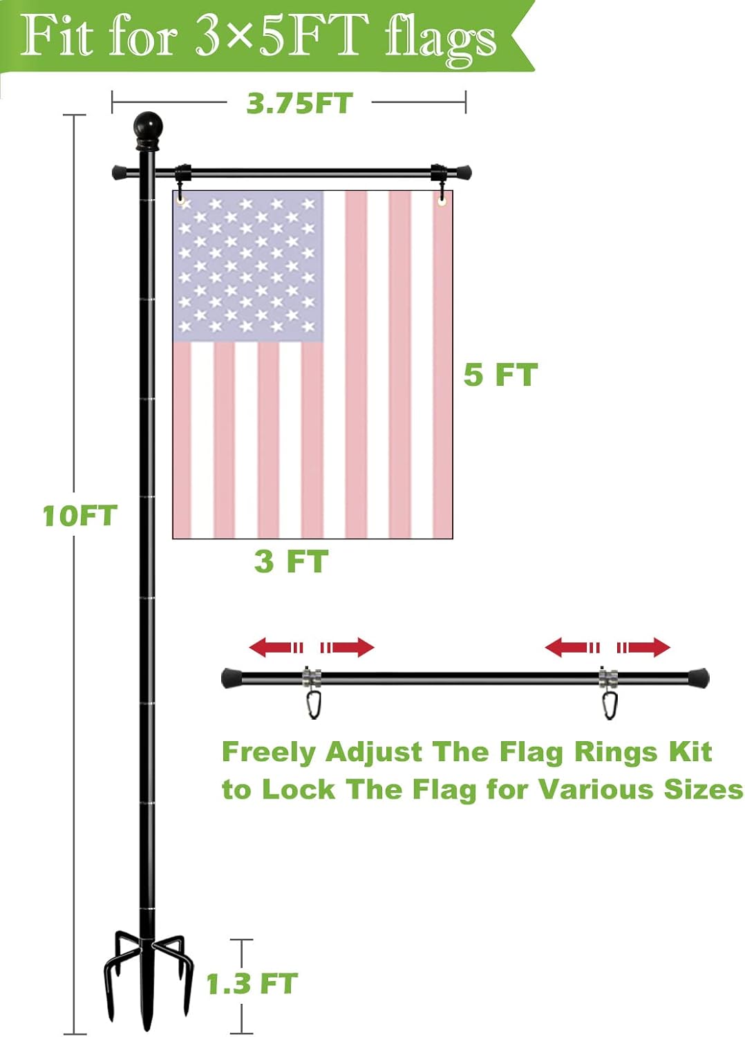 Koutemie 10FT Heavy Duty Garden Flag Pole Stand - Adjustable 5 Prong Base for 3x5 American Flags