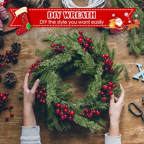 60Pcs Christmas Decorations-11.8'' Artificial Pine Branches with 7.9'' Red Berry Stems, Christmas Decor Faux Pine Greenery Stems, Christmas Tree Decorations & Christmas Picks for Indoor Outdoor