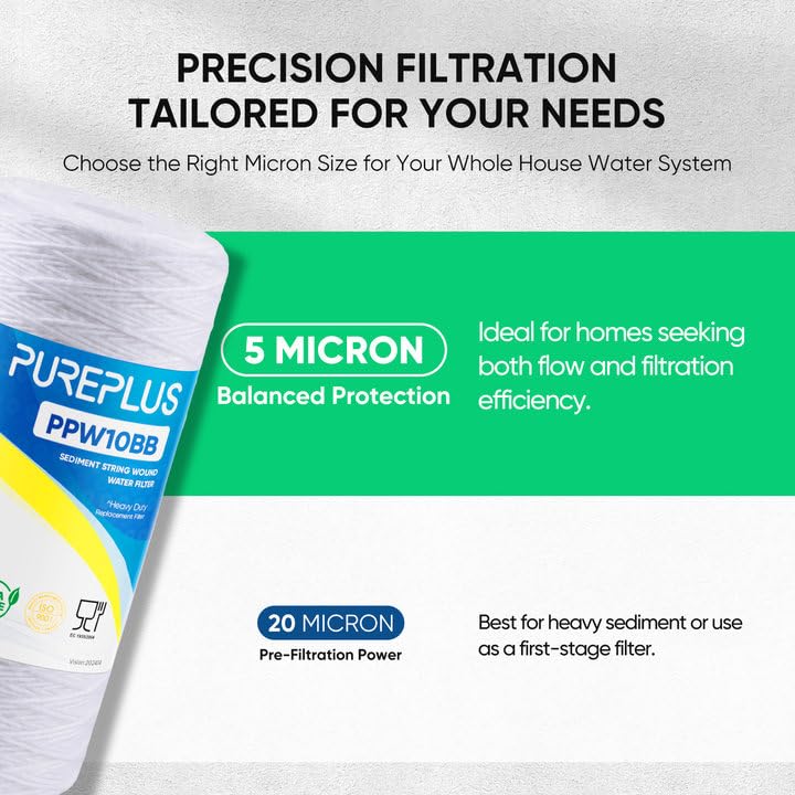 PUREPLUS 5 Micron Whole House Water Filter Cartridge 4 Pack for Well Water - 10 x 4.5 Inches