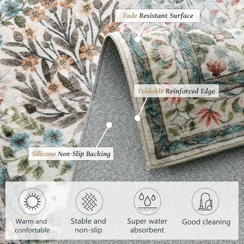 Beige 8x10 Vintage Floral Washable Area Rug for Living & Dining Rooms