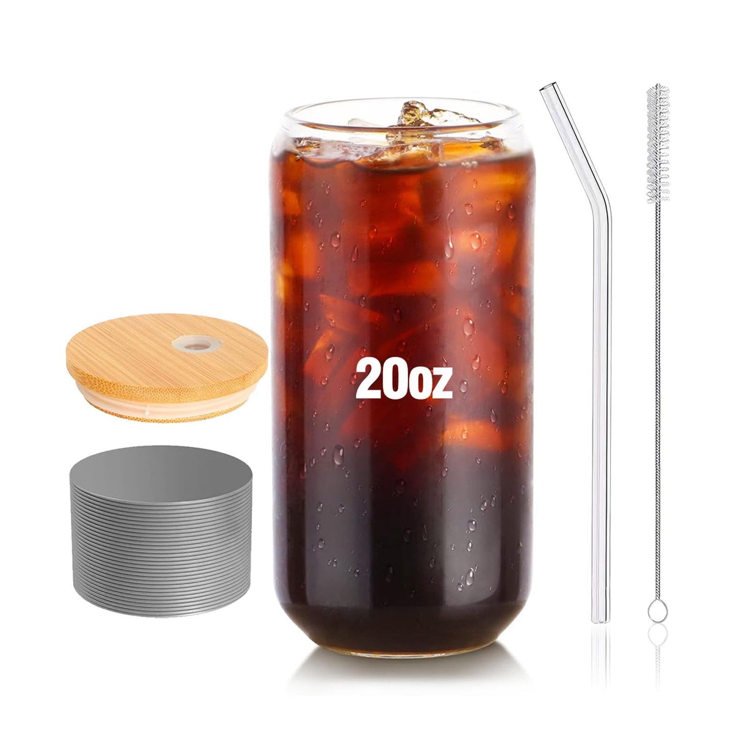DAMCONME 20 Oz Glass Cups with Lids and Straws 1Pcs,Glass Cup with Bamboo Lid for Iced Coffee,Smoothie,Beer,Cocktail,Whiskey,Soda - 20 Oz Glass Tumbler with 2 Straws,1 Brush,Grey