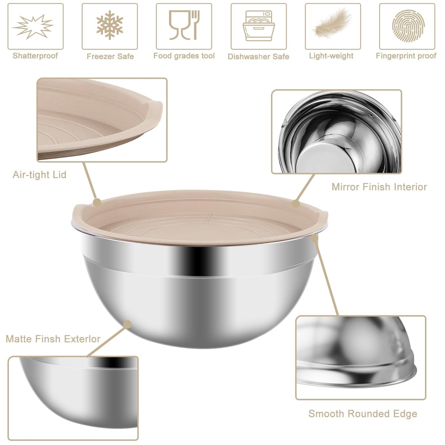 WEPSEN Mixing Bowls Set, 25PCS Khaki Mixing Bowls With Lids Set Stainless Steel Kitchen Large Nesting Metal Bowl 7QT to 1.5QT, Measuring Cups and Spoons for Prepping Cooking Serving