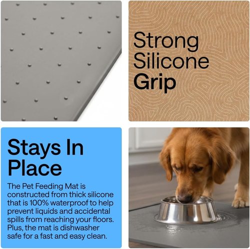 GORILLA GRIP Waterproof Silicone Pet Feeding Mat - 100% BPA Free, Spill-Proof Design | 18.5x11.5 Gray