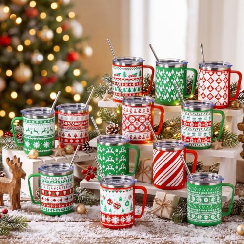 Umigy 12-Pack Christmas Coffee Mugs with Lids, Stainless Steel 17oz Travel Cup Set