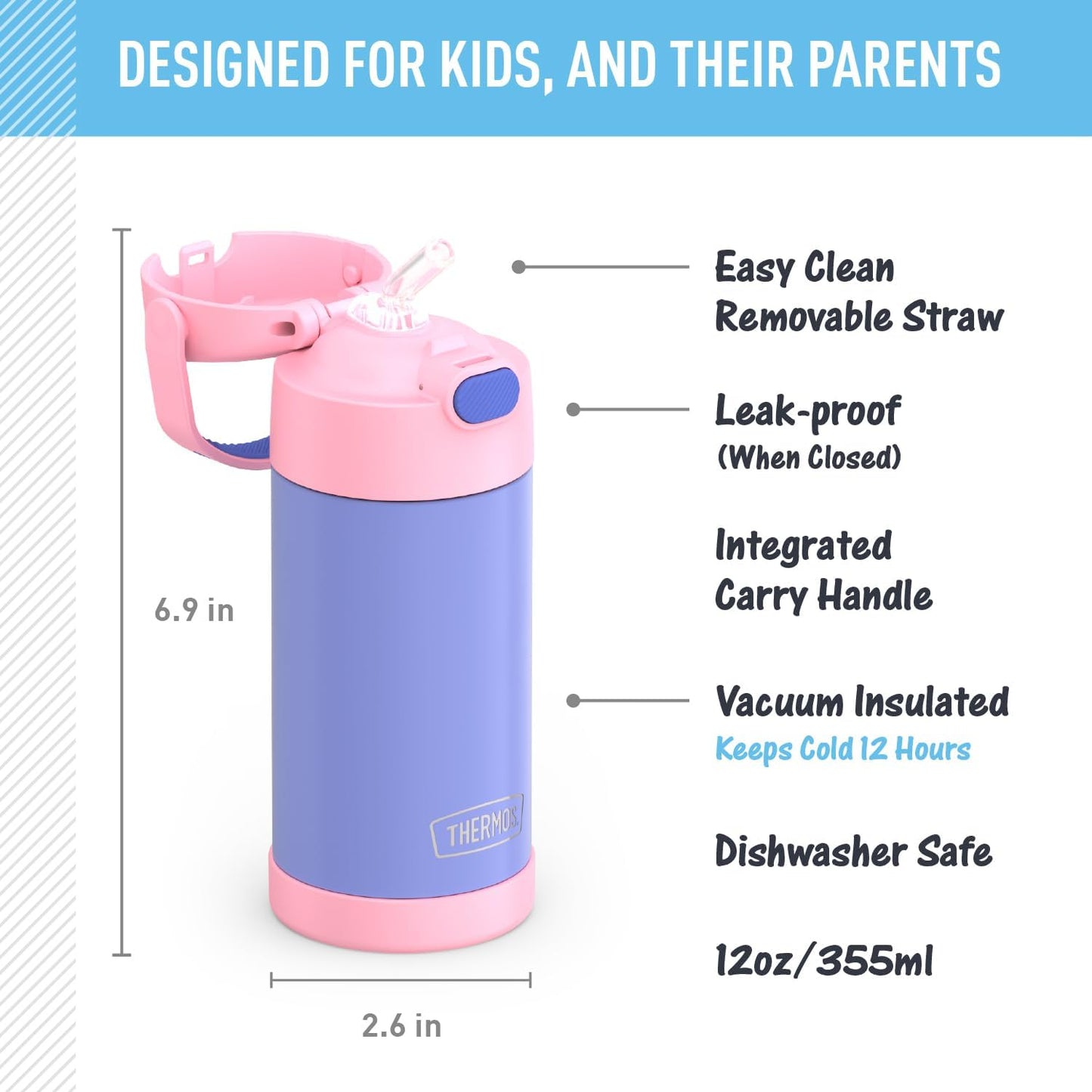 THERMOS FUNTAINER Water Bottle - 12 Ounce Kids Stainless Steel Vacuum Insulated - Purple/Pink