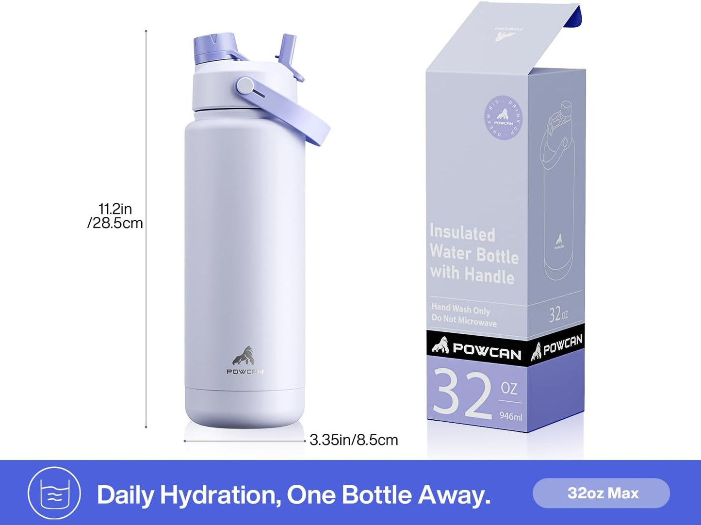 POWCAN 32 oz Insulated Water Bottle - 2-in-1 Straw & Spout Lid | Leak-Proof, BPA-Free, Double Wall Stainless Steel (Lupine)