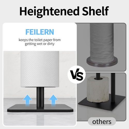 Feilern Toilet Paper Holder Stand - Floor-Standing Dispenser with Top Storage Shelf - Black