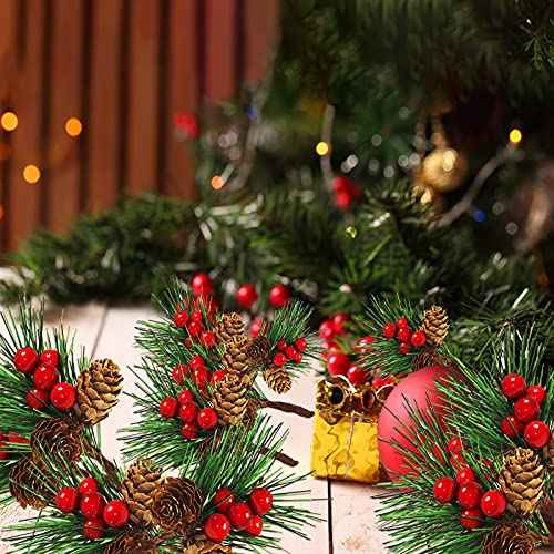QLINLEAF Christmas Red Berry Stem Floral Pine Cone Artificial Branch Evergreen Decoration - 12 Pieces for DIY Holiday Crafts and Garland