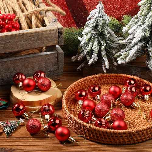 24PCS Mini Red Christmas Ornaments Balls, 1.2 Inch Small Shatterproof Red Christmas Ornaments Hanging Ball, 4 Style Plastic Tree Balls for Xmas Decor, Wedding, Birthday Party Favors