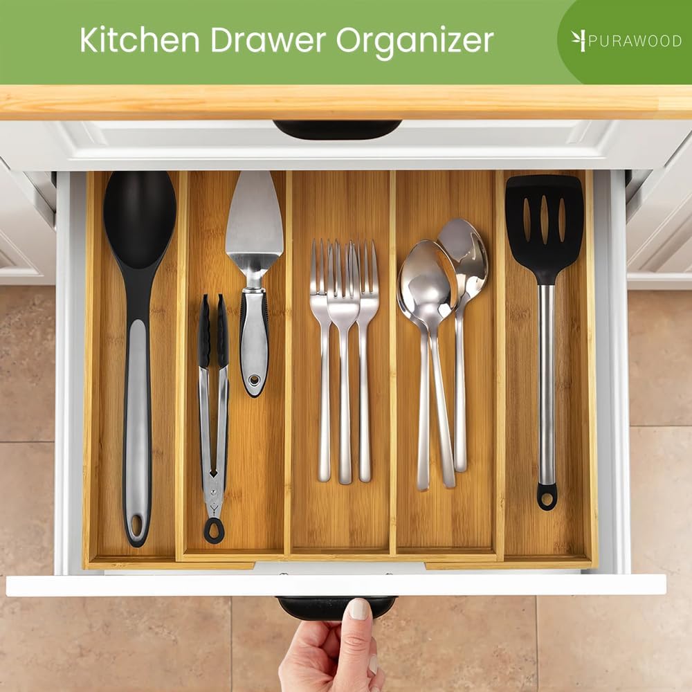 Purawood Kitchen Drawer Organizer - Expandable Bamboo Utensil & Cutlery Tray, 3-5 Slots (Natural Finish)