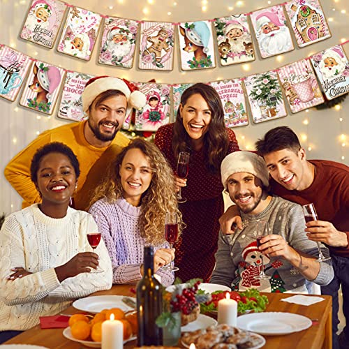 Pink Christmas Banner Garland with Santa, Reindeer & Merry Christmas Letters