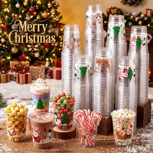 Mimorou 100 Pcs 12oz Christmas Plastic Cups - Merry Christmas Pattern, Gingerbread Man & Santa (Variation: Cute Christmas)