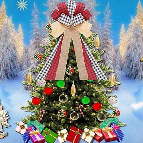 Christmas Tree Topper Buffalo Plaid Decorative Bow,Handmade Farmhouse Large Door Bows Banister Bow Christmas Bows for Holiday Home Decor