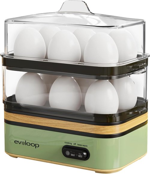Evoloop Electric Egg Cooker - Rapid 12 Egg Capacity for Soft, Medium, Hard Boiled & Poached Eggs | BPA-Free Green Tray