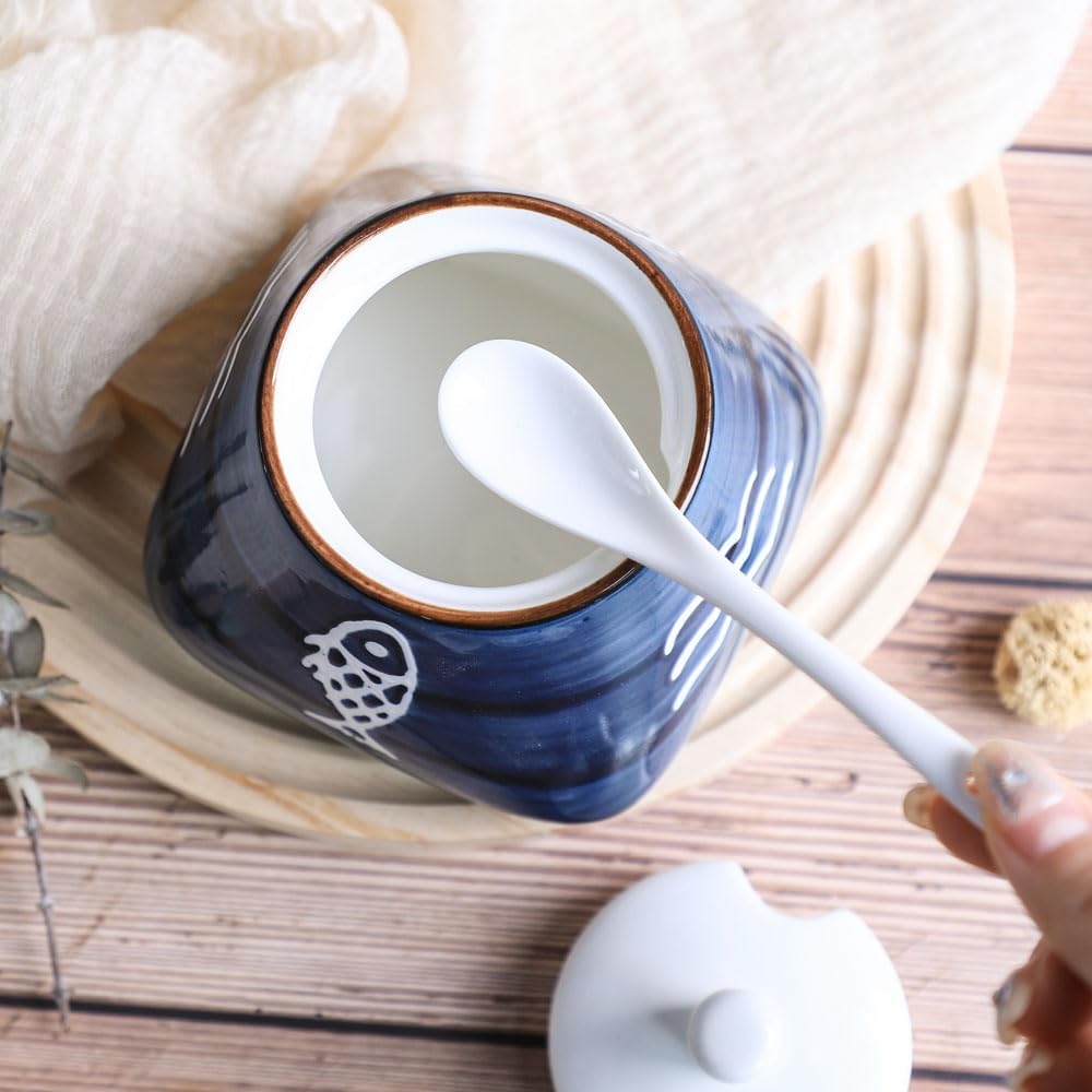Skiennix Hand-Painted Ceramic Spice Jar - Stylish Seasoning Box with Lid & Spoon | Perfect Kitchen Gift