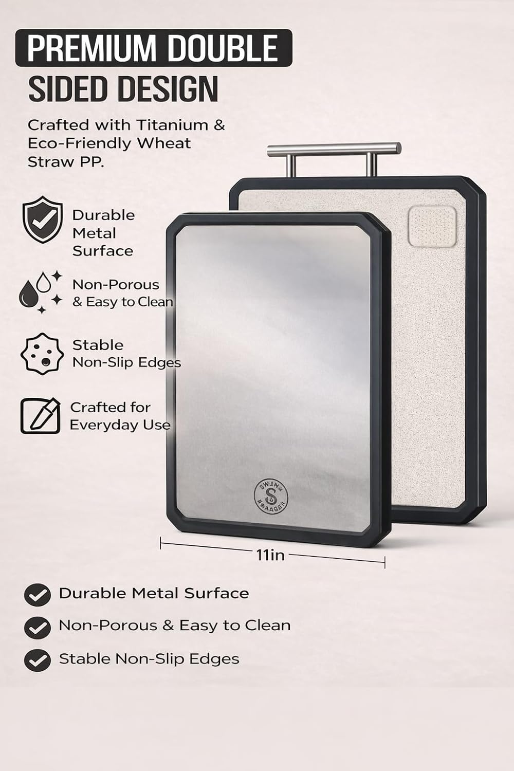 Titanium Cutting Board - Double-Sided Metal Design with Scraper | 16” x 11” Large Kitchen Prep Surface
