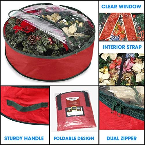 Primode Christmas Wreath Storage Bag 30" - Durable 600D Oxford Container with Clear Window for Easy Holiday Storage (Red)