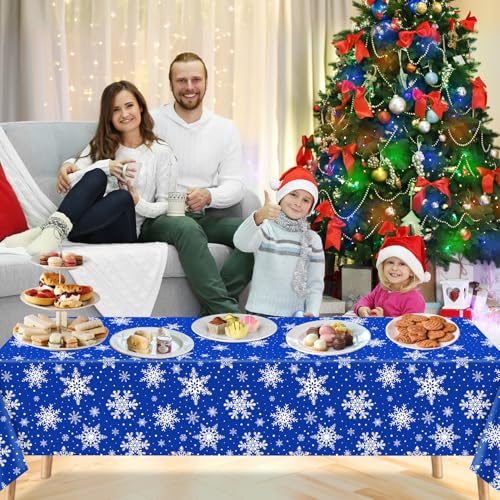 4 Pack Xmas Tablecloth Christmas Snowflake Table Cloth White Snowflake Blue Backdrop Table Covers Xmas Party Decorations for Winter Christmas Holiday New Year Party Supply 51 x 86 Inch