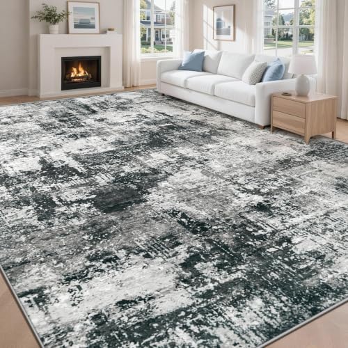 MXSANYOO 8x10 Black Grey Washable Area Rug Non-Slip Stain-Resistant Modern Indoor Carpet for Dining & Bedroom