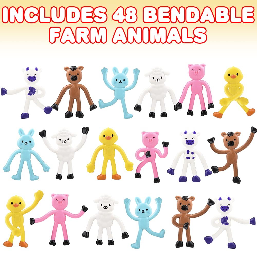 ArtCreativity Mini Bendable Farm Animal Toys, Set of 48, Barnyard Animal Toys for Kids in 6 Designs, Portable Stress Relief Toy for Kids, Barn Birthday Party Favors and Pinata Stuffers