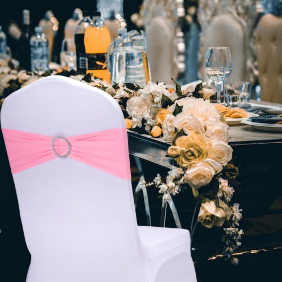 Skiennix Pink Chair Sashes - 30 Pack Stretch Spandex with Elastic Bow for Wedding & Event Decor