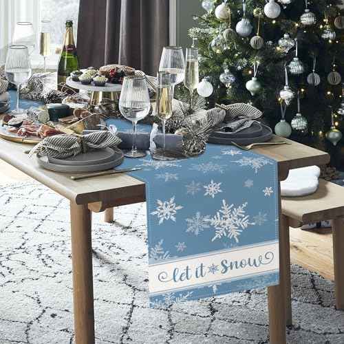Bonhause Winter Christmas Table Runner 13x72 Inch Blue Snowflakes Let It Snow Xmas Seasonal Holiday Kitchen Dining Table Decoration for Indoor Outdoor Home Party Decor