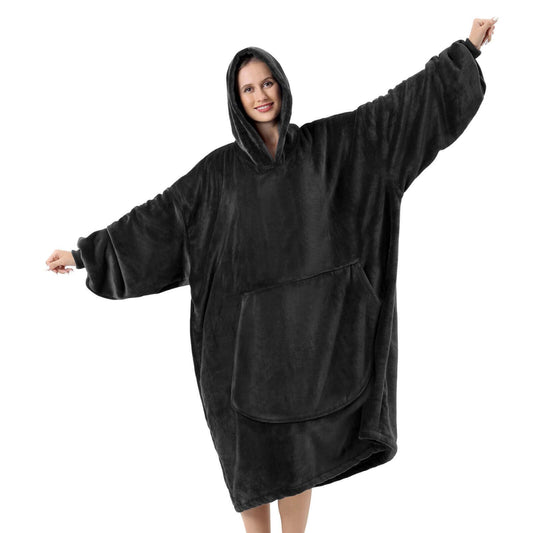 FestiCorp Oversized Blanket Hoodie for Adults - Extra Long Wearable Sweatshirt with Giant Sleeve, Hood and Pocket Black